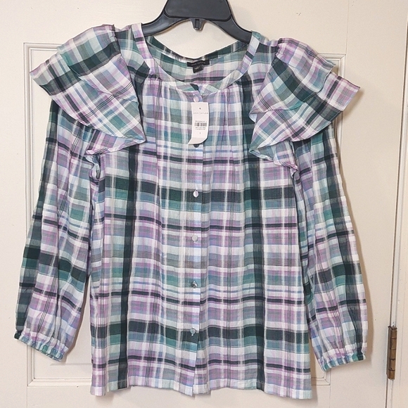 NWT Ann Taylor cotton plaid ruffle sleeve top, size S - Picture 3 of 9